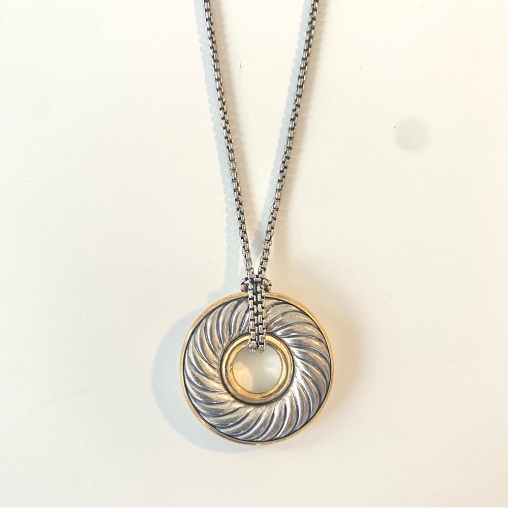 David Yurman Sterling Silver & Gold Large Cable Disc Pendant on Box Chain